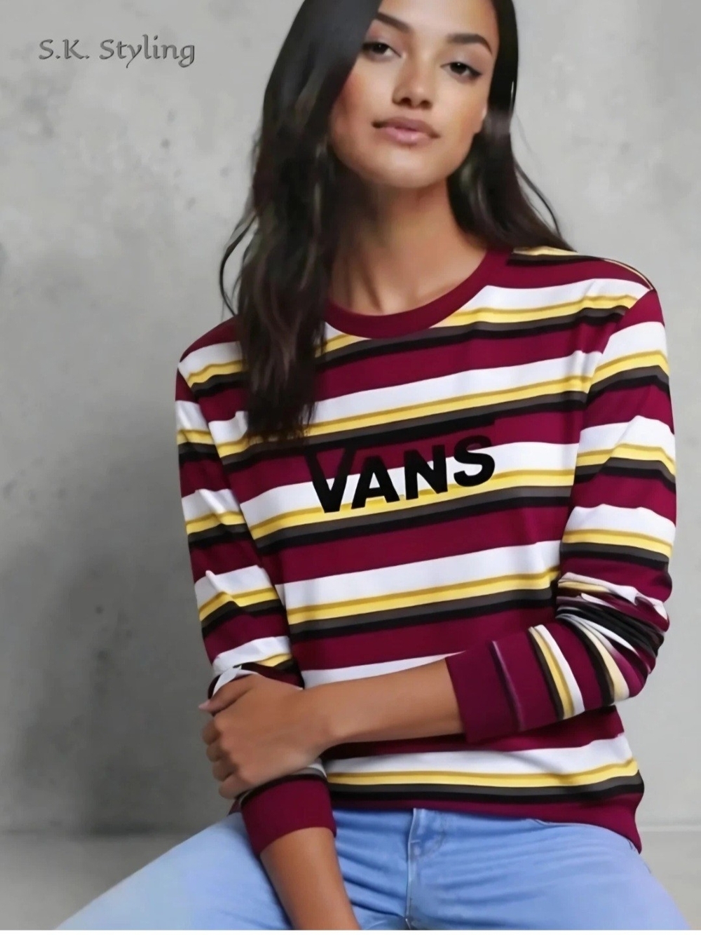 VANS Multi Striped Cropped Tee Long Sleeve Crew Neck Logo T-Shirt size Large
